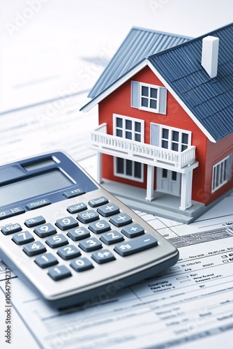 A person signing mortgage documents next to a house model and calculator, symbolizing property collateral with a focus on home loans, with generous copy space.