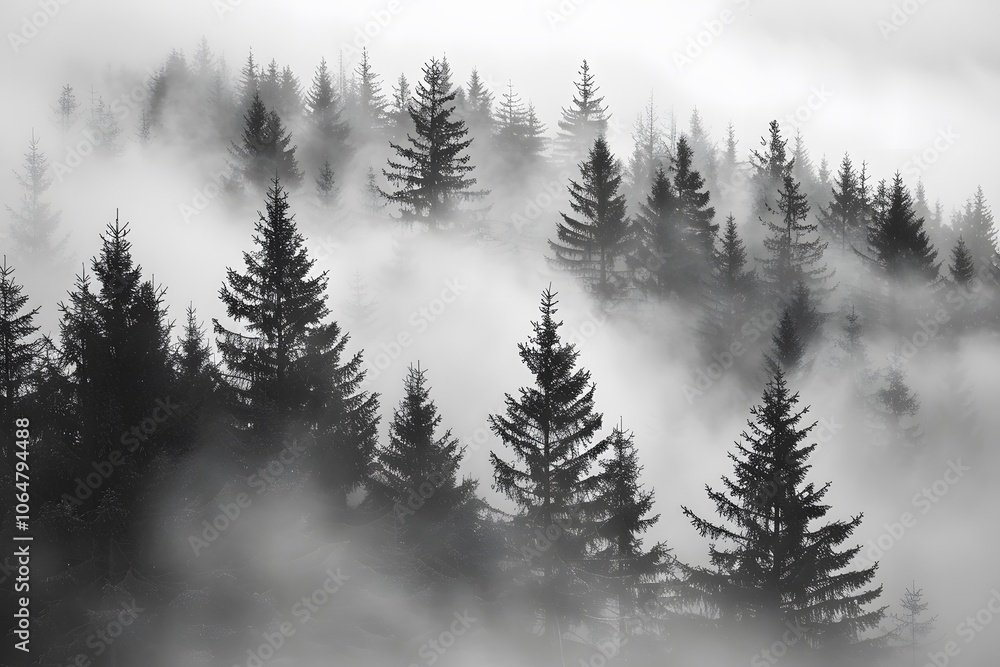 Fototapeta premium Misty Forest Landscape with Evergreen Trees in Serene Foggy Atmosphere