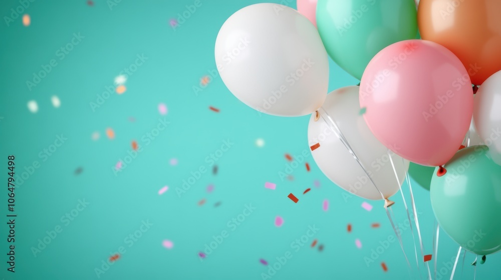 Colorful balloons with confetti on turquoise background. Party celebration and birthday concept. Colorful balloons with confetti on turquoise background. Party celebration and birthday concept.