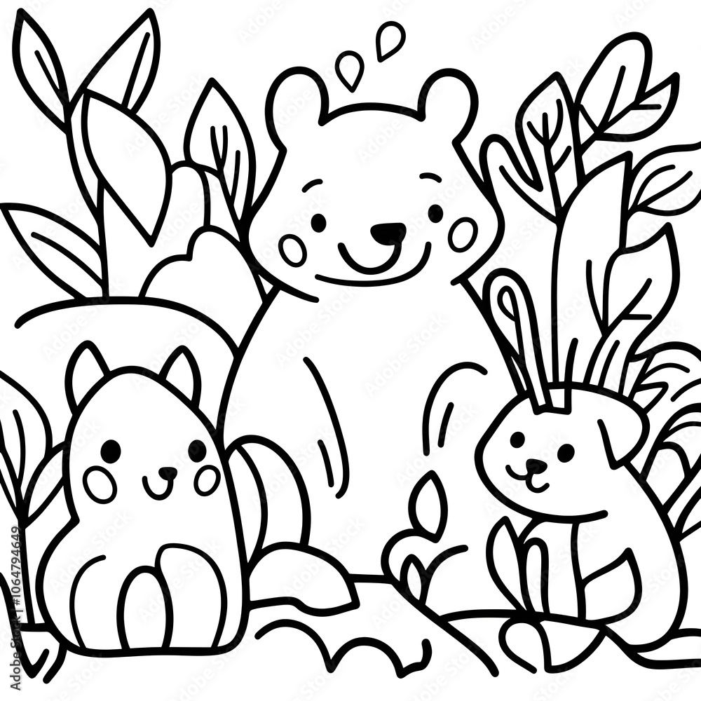 A simple black and white coloring page of forest animals like a fox, rabbit, bear, and squirrel, with bold outlines and happy expressions, isolated on white background. A simple black and white coloring page of forest animals like a fox, rabbit, bear, and squirrel, with bold outlines and happy expressions, isolated on white background.