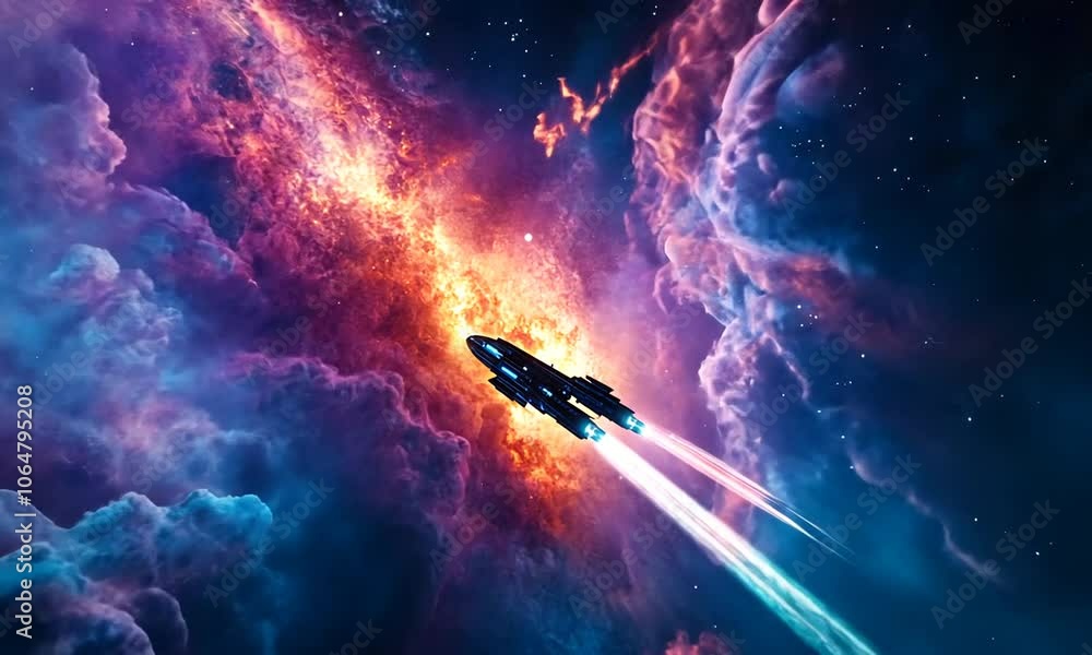 A spacecraft navigating through a vibrant, colorful nebula in outer space. A spacecraft navigating through a vibrant, colorful nebula in outer space.