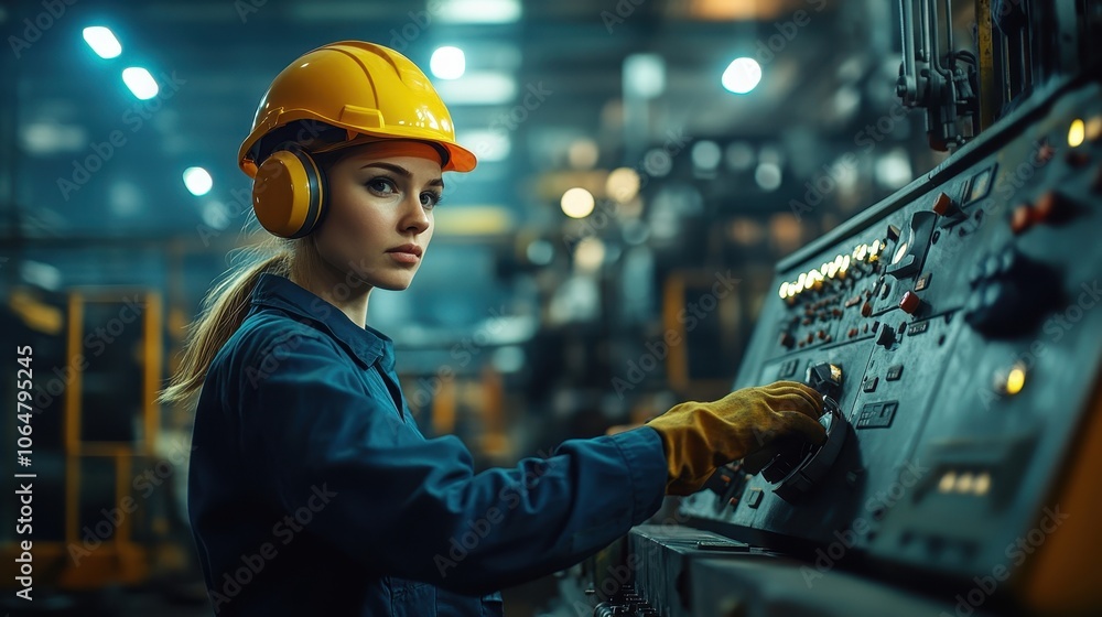 Female Engineer Operating Industrial Machinery in a Modern Factory Setting with Focused Expression and Protective Gear Female Engineer Operating Industrial Machinery in a Modern Factory Setting with Focused Expression and Protective Gear