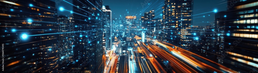 Naklejka premium Futuristic Cityscape with Dynamic Light Trails and Digital Connections at Night