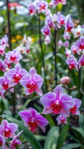 Pink orchids bloom in a lush green garden setting