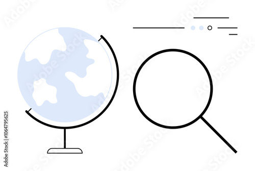 Earth globe with blue continents beside a large magnifying glass. Ideal for global search, geography studies, exploration, education, discovery, research, travel. Line metaphor