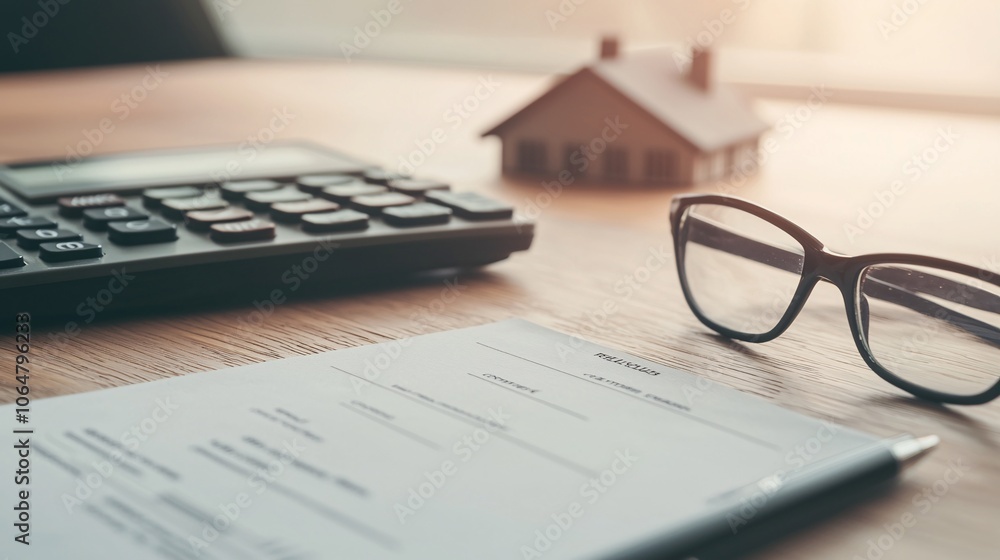 A close-up of a calculator, house model, and loan application form on a desk, symbolizing property loans and mortgage budgeting. Ample copy space is provided in the image for text or branding. A close-up of a calculator, house model, and loan application form on a desk, symbolizing property loans and mortgage budgeting. Ample copy space is provided in the image for text or branding.