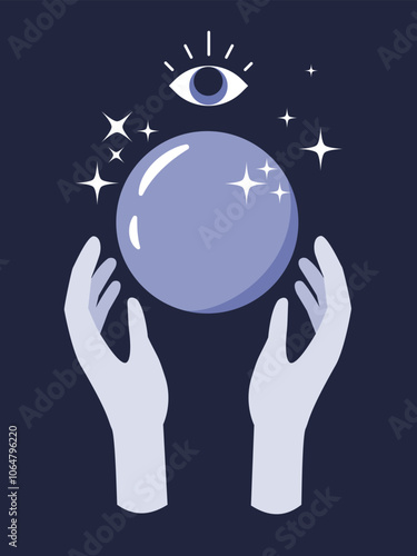Magician's hands with crystal ball and sacred eye.