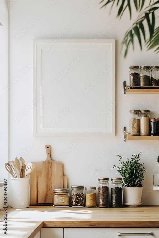 A simple, white frame on the wall of a modern kitchen, next to spice shelves, kitchen utensils, and a potted plant. A simple, white frame on the wall of a modern kitchen, next to spice shelves, kitchen utensils, and a potted plant.