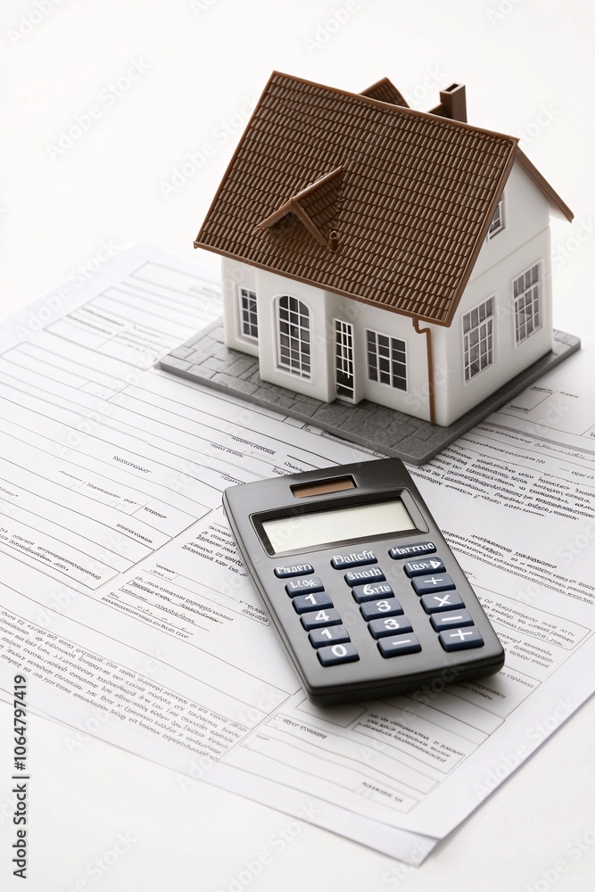 An office setting with property loan documents, a calculator, and a small house model on the desk. The clean backdrop provides ample copy space for additional elements. An office setting with property loan documents, a calculator, and a small house model on the desk. The clean backdrop provides ample copy space for additional elements.