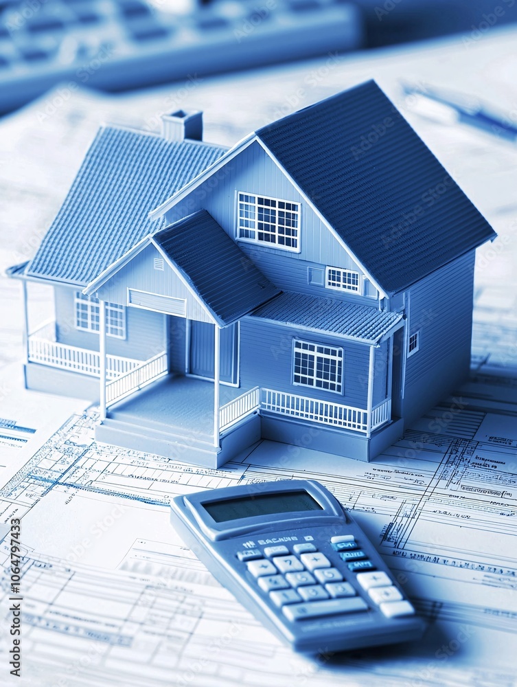 A financial advisor s desk with a property loan budget sheet, calculator, and house model. The composition includes significant copy space for branding or messages. A financial advisor s desk with a property loan budget sheet, calculator, and house model. The composition includes significant copy space for branding or messages.