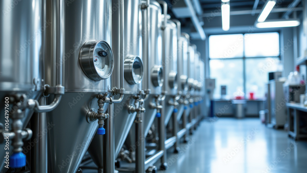 Large silver metallic brewery equipment. Large silver metallic brewery equipment.