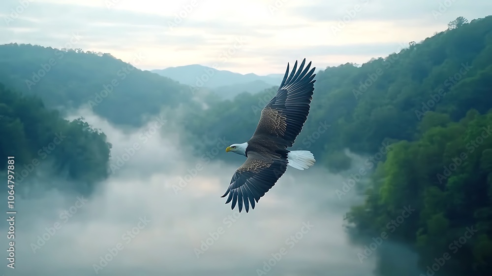 Fototapeta premium Majestic eagle soars over misty forest landscape capturing the beauty of nature's splendor