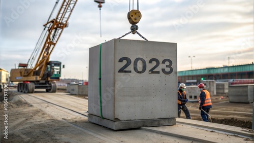 The year 2023 in the concrete cube. The construction crane is lifting the new number 3 to replace the old number 2. photo