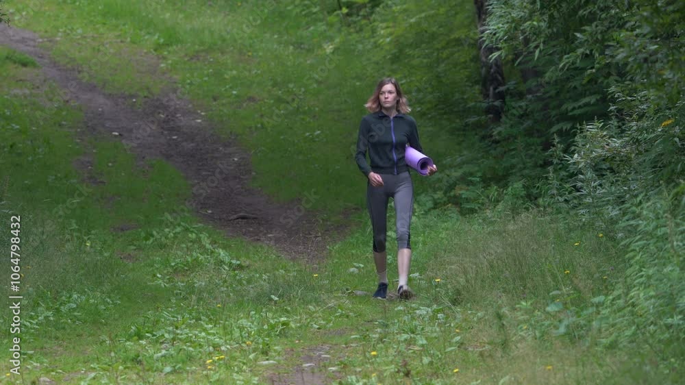 Fit woman walking along footpath in park during summer workout. Sportsperson in sportswear - tracksuit jacket, cropped gym leggings, sneakers and carries exercise mat. Full length, real time, zoom out Fit woman walking along footpath in park during summer workout. Sportsperson in sportswear - tracksuit jacket, cropped gym leggings, sneakers and carries exercise mat. Full length, real time, zoom out