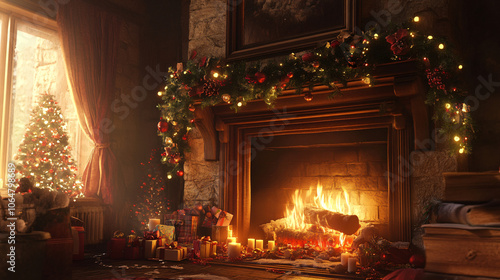 A cozy fireplace adorned with mistletoe and seasonal decorations.A cozy fireplace adorned with mistletoe and seasonal decorations. photo