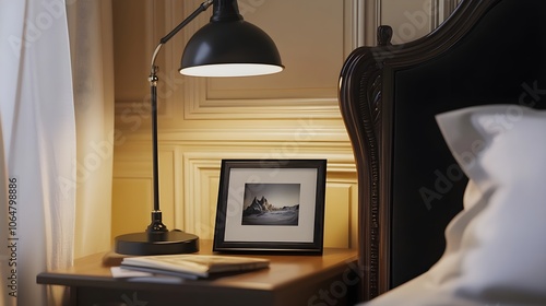 Wallpaper Mural A small picture frame on a modern bedside table in a bedroom, with a reading lamp and a book nearby. Torontodigital.ca