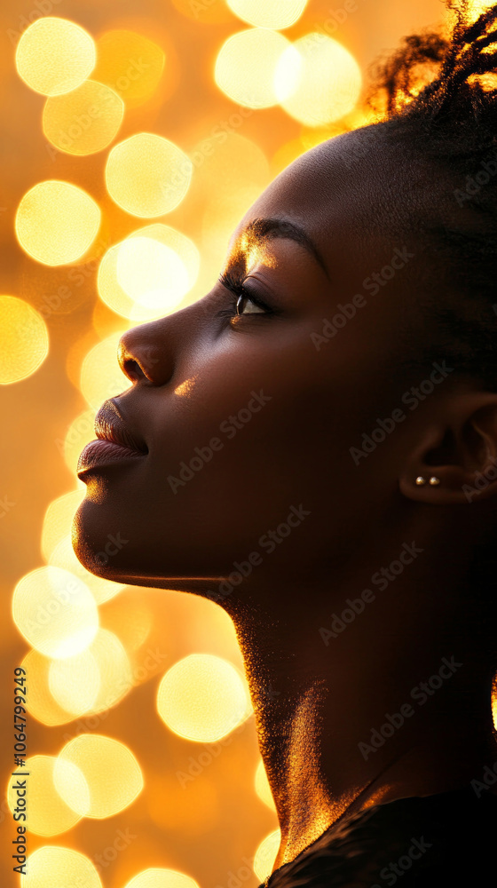 A woman with a serene expression looks upwards, illuminated by warm, soft lights creating a dreamy atmosphere in the evening sky A woman with a serene expression looks upwards, illuminated by warm, soft lights creating a dreamy atmosphere in the evening sky