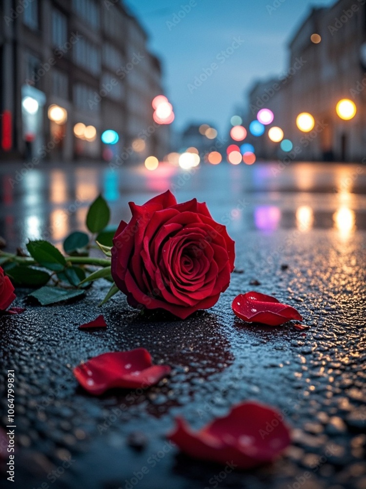 closeup of discarded red roses on wet asphalt road with colorful unfocused lights on a background, night view