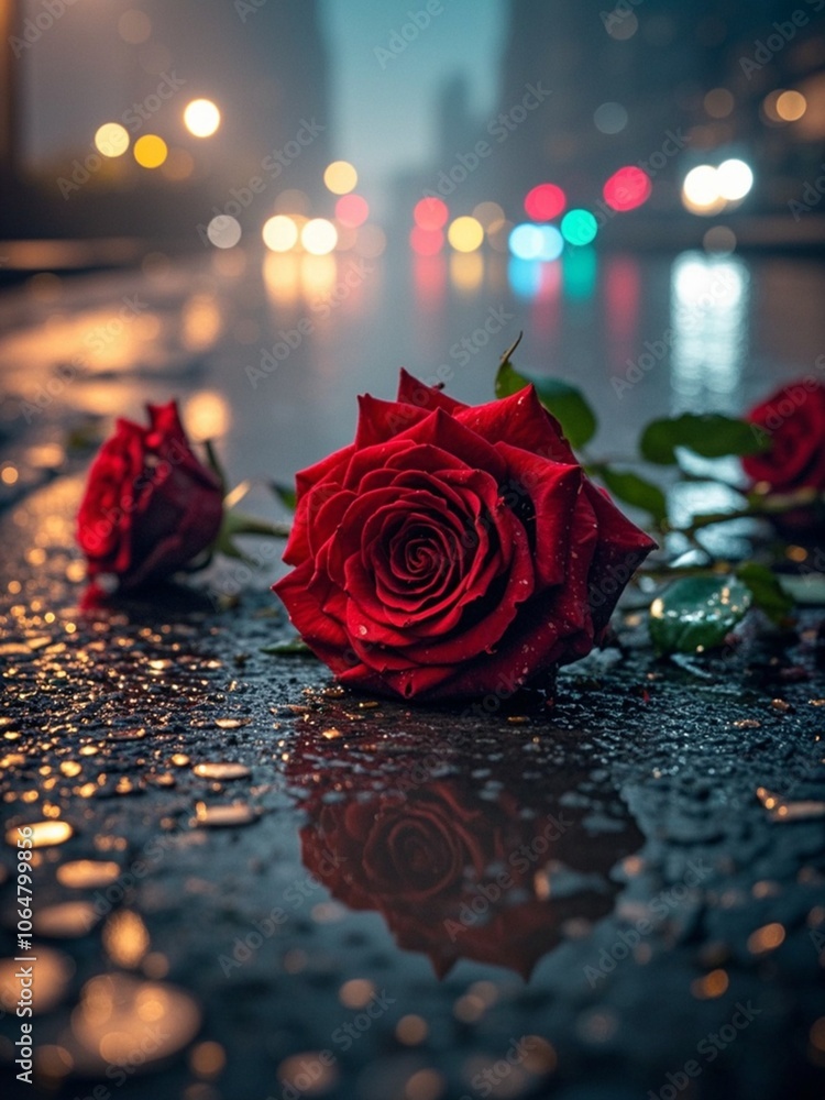 closeup of discarded red roses on wet asphalt road with colorful unfocused lights on a background, night view