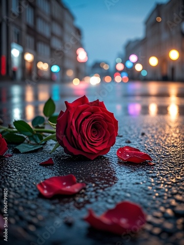 Obraz na płótnie closeup of discarded red roses on wet asphalt road with colorful unfocused lights on a background, night view w salonie