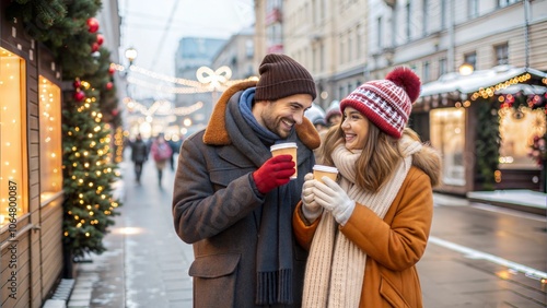 Photo of positive pretty boyfriend girlfriend dressed winter season outfits drinking x-mas beverages outdoors urban city streetPhoto of positive pretty boyfriend girlfriend dressed winter season outfi photo