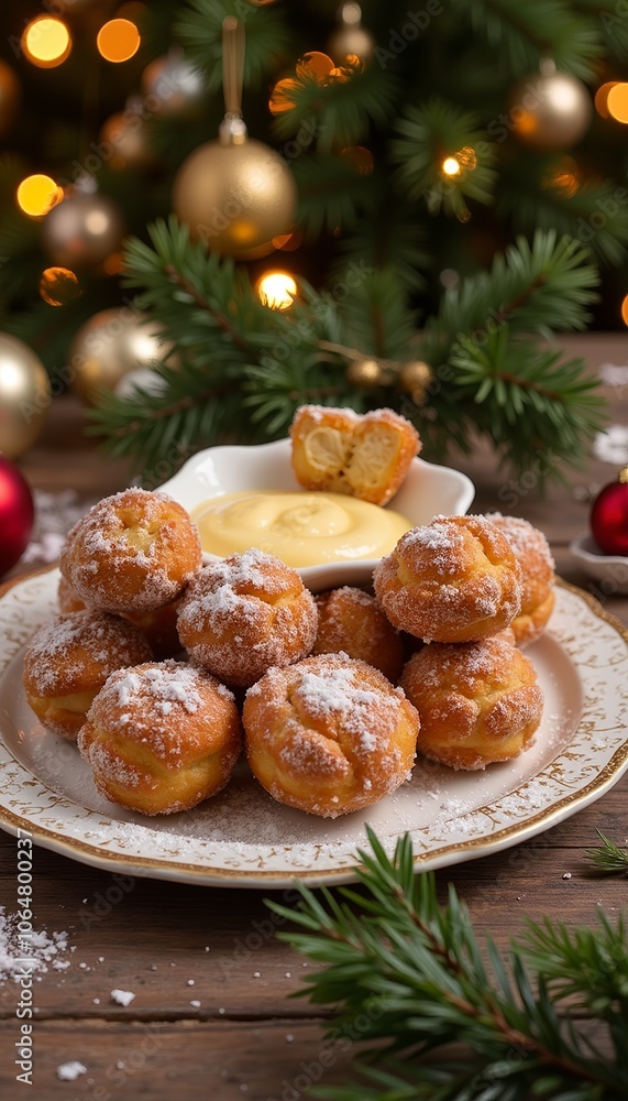 Festive doughnuts dusted with powdered sugar served with creamy custard in a holiday setting
Festive doughnuts dusted with powdered sugar served with creamy custard in a holiday setting