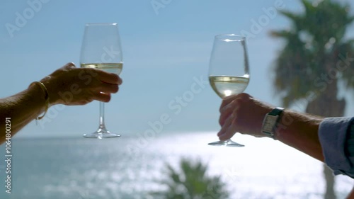 two people toasting with glasses of white wine 