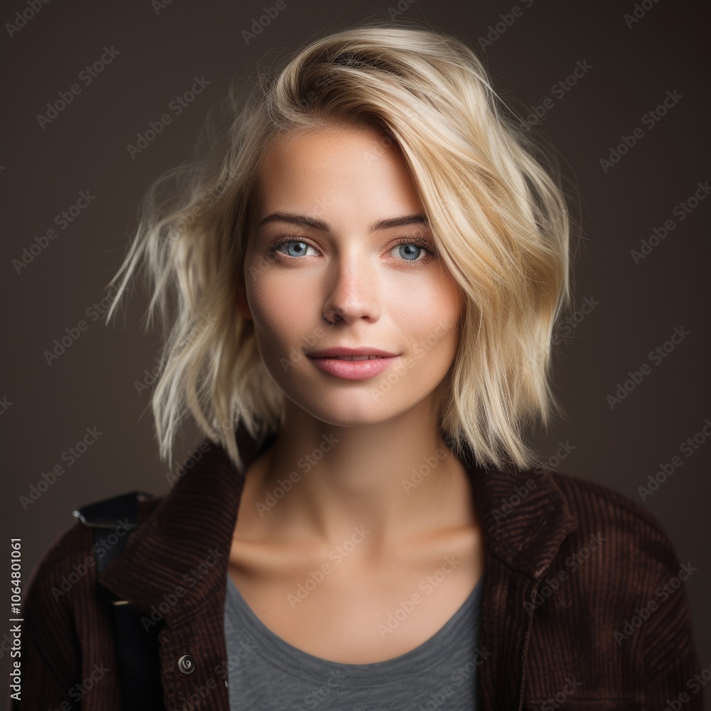 Danish woman dressed casually with confident expression against a colorful studio backdrop Danish woman dressed casually with confident expression against a colorful studio backdrop