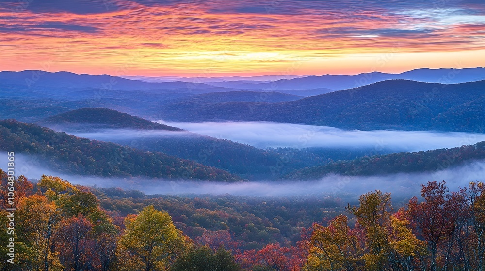 A stunning sunrise over mountain peaks, with valleys filled with trees in brilliant fall colors and low-lying mist. A stunning sunrise over mountain peaks, with valleys filled with trees in brilliant fall colors and low-lying mist.