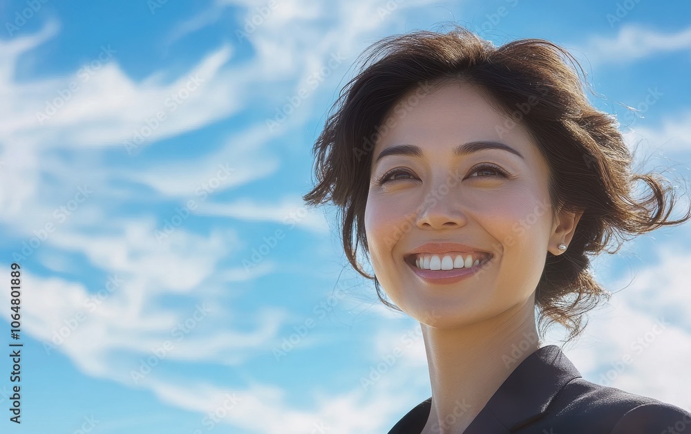 Smiling broadly, a asian businesswoman in her thirties wears elegant business attire while standing in front of a picturesque blue sky Smiling broadly, a asian businesswoman in her thirties wears elegant business attire while standing in front of a picturesque blue sky