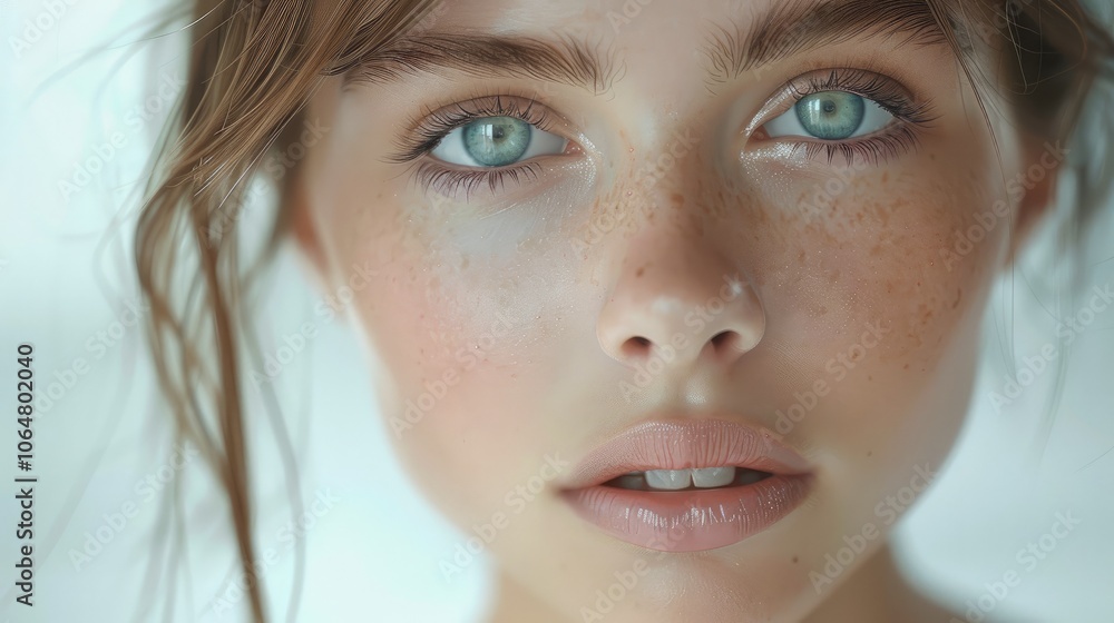 Portrait of a young woman with clear, beautiful skin and no makeup, set against a white background. Portrait of a young woman with clear, beautiful skin and no makeup, set against a white background.