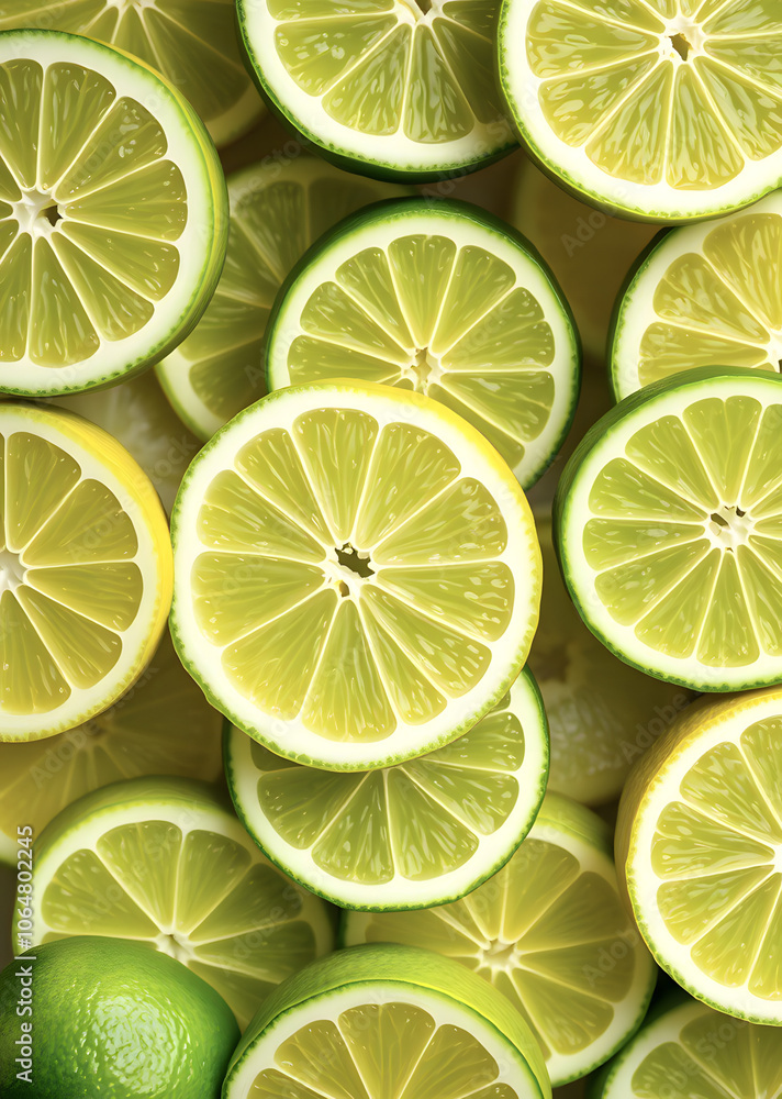 Fototapeta premium Fresh juicy green lime slices. Texture of sliced ​​citrus fruits. Lime slice patterns. Bright summer style. Flat lay, top view.