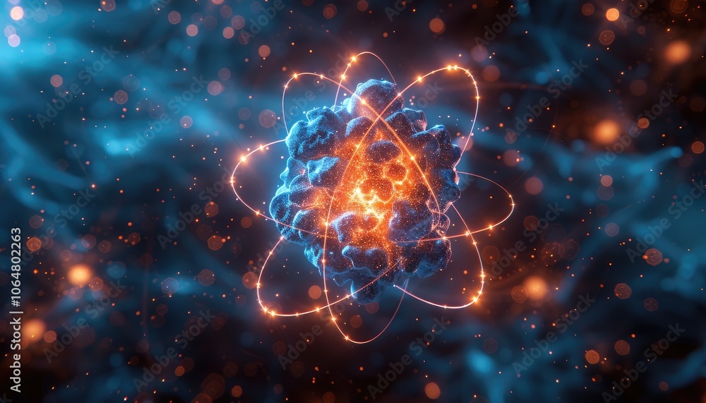 Glowing Atomic Structure with Orbital Paths and Particles Glowing Atomic Structure with Orbital Paths and Particles