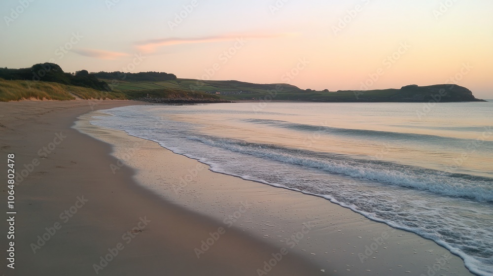 Fototapeta premium A serene beach at sunrise, gentle waves lapping the shore