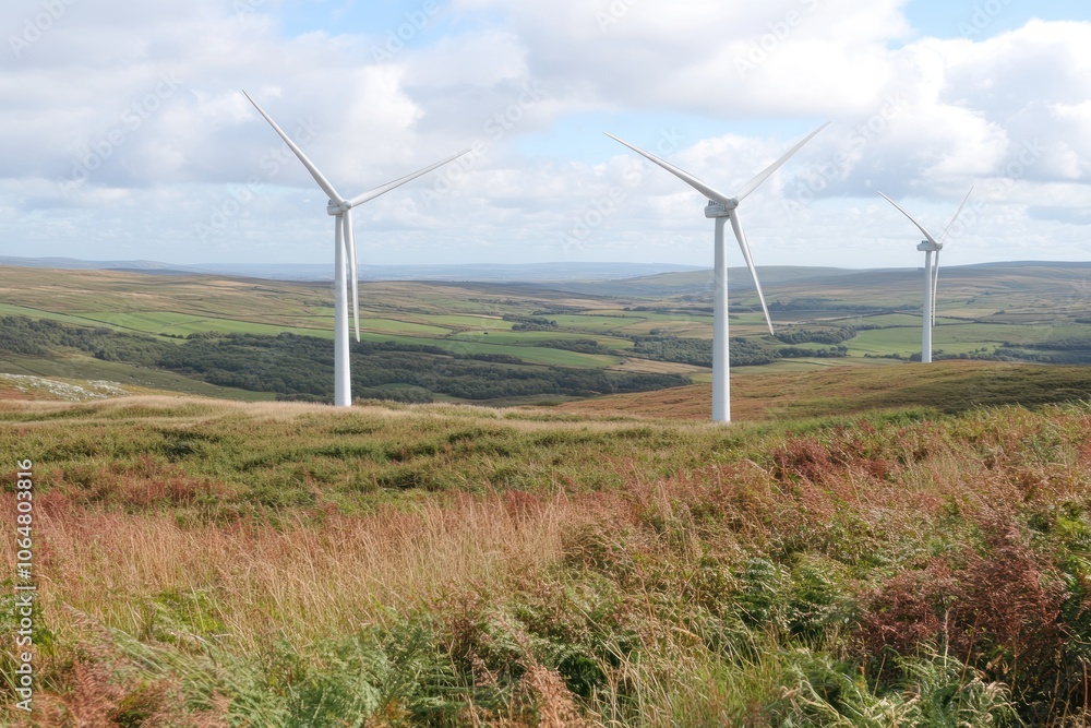 Wind turbines on a hillside with green fields and cloudy skies in the background. Wind turbines on a hillside with green fields and cloudy skies in the background.