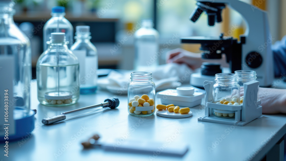 A scientific laboratory workspace with a microscope, test tubes, pills, and various other lab equipment. A scientific laboratory workspace with a microscope, test tubes, pills, and various other lab equipment.