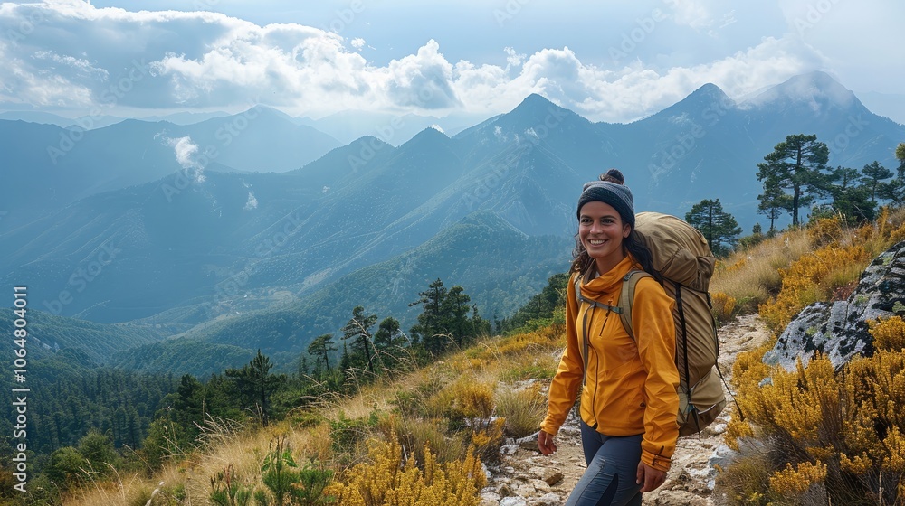 A lady hiking on the mountain forests. A lady hiking on the mountain forests.
