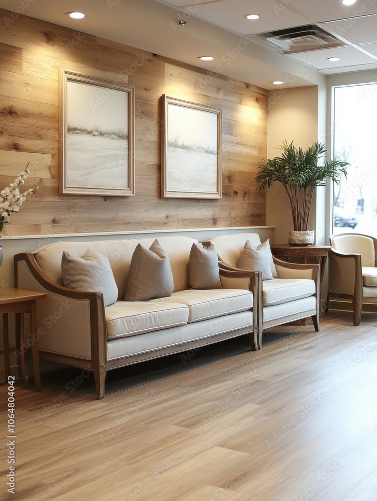Couch and chairs in a room with wood walls, cozy clinic waiting area Couch and chairs in a room with wood walls, cozy clinic waiting area