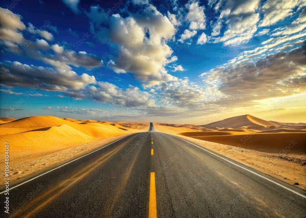 Naklejka premium Vast desert road stretches through golden sand dunes, offering a serene journey. Open skies invite reflection, creating a perfect canvas for your thoughts and messages.