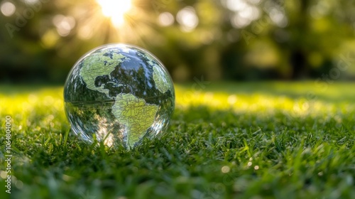 Crystal Ball Earth with Sunlight and Lush Grass, Embracing Eco-Friendly Theme