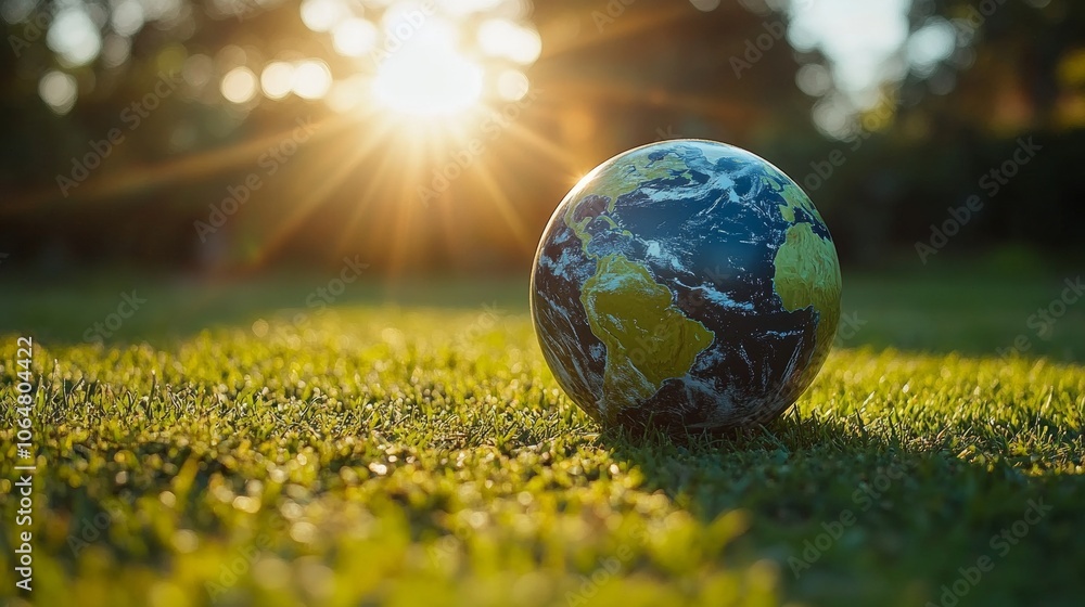 a Ball Earth with Sunlight and Lush Grass, Embracing Eco-Friendly Theme a Ball Earth with Sunlight and Lush Grass, Embracing Eco-Friendly Theme