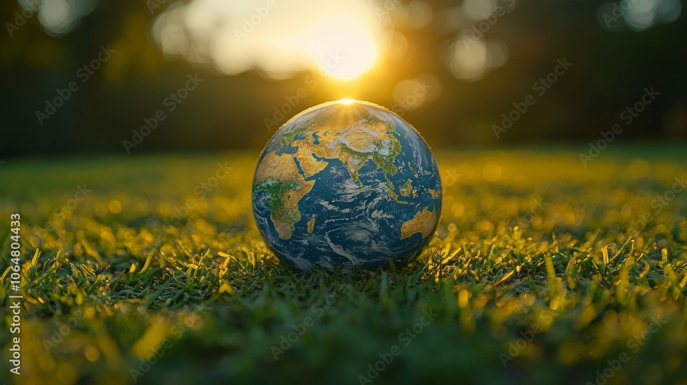 a Ball Earth with Sunlight and Lush Grass, Embracing Eco-Friendly Theme a Ball Earth with Sunlight and Lush Grass, Embracing Eco-Friendly Theme