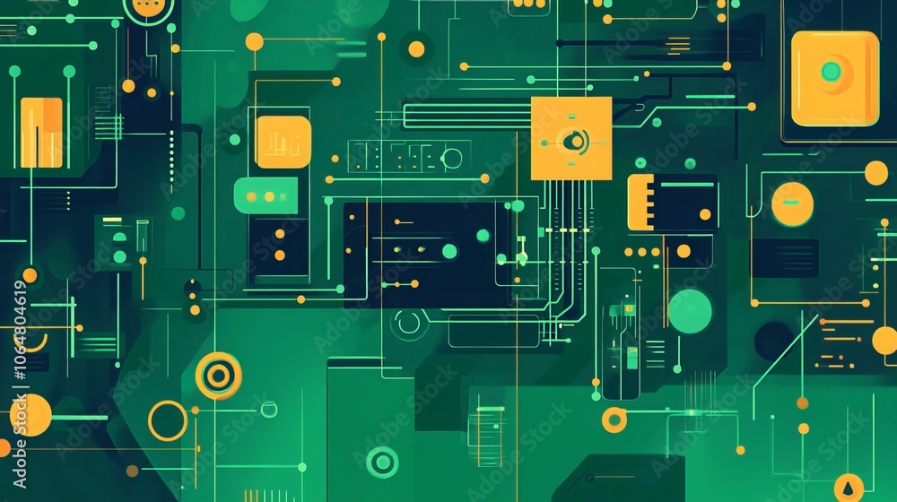 Fototapeta premium Futuristic circuitry and circles abstractly depict communication. A vibrant green backdrop showcases diverse technological components in this high-tech illustration. 