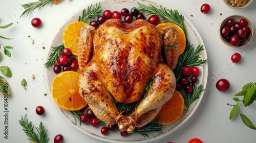 Roasted turkey with a golden-brown skin, garnished with fresh rosemary, orange halves, and cranberries on a serving platter photo