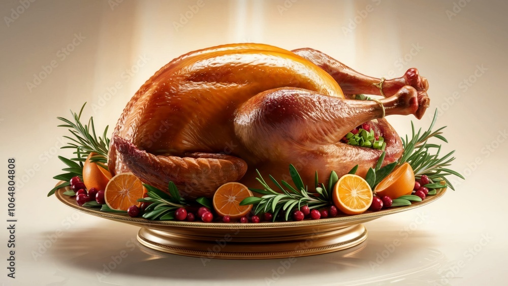 Roasted turkey with a golden-brown skin, garnished with fresh rosemary, orange halves, and cranberries on a serving platter Roasted turkey with a golden-brown skin, garnished with fresh rosemary, orange halves, and cranberries on a serving platter