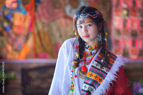 Portrait Fashion of the Asian Tourist young girl wearing traditional Tibetan clothing costume during the Nepal.  Tibetan woman dress concept. Tibetans an East Asian ethnic group native.