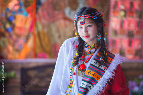 Portrait Fashion of the Asian Tourist young girl wearing traditional Tibetan clothing costume during the Nepal.  Tibetan woman dress concept. Tibetans an East Asian ethnic group native. photo