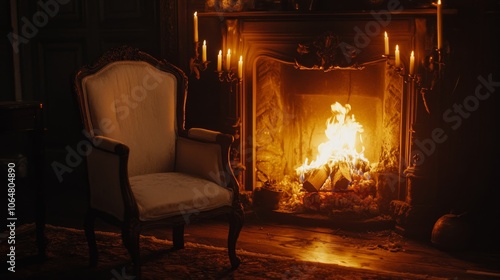 Solitude and Endings - Symbolic Empty Chair by Fireplace with Dying Flames and Warm Soft Glow