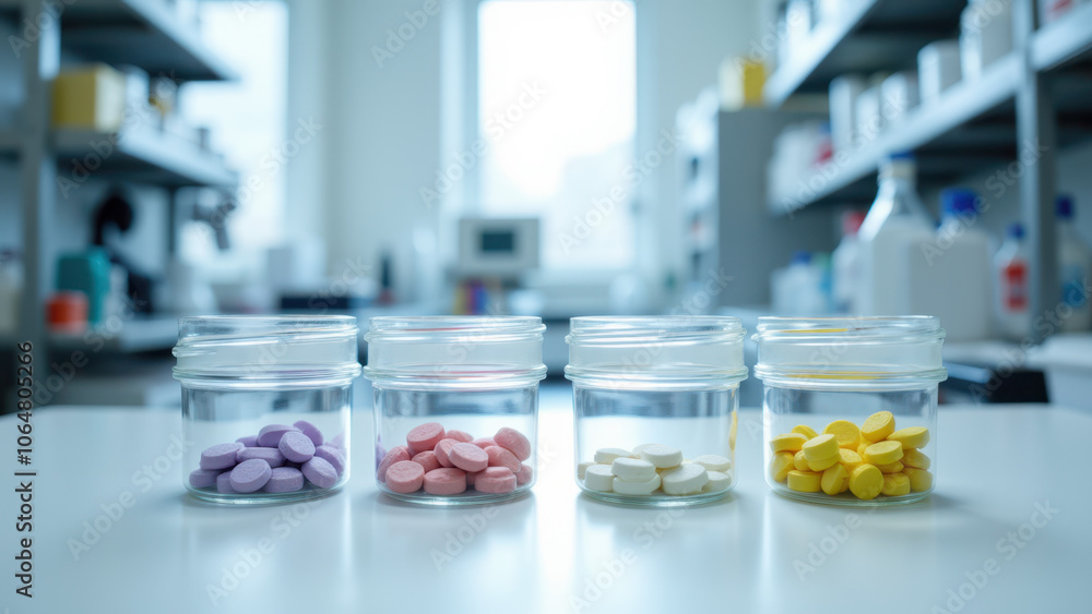 Clear containers with colorful capsules on a lab counter. Clear containers with colorful capsules on a lab counter.