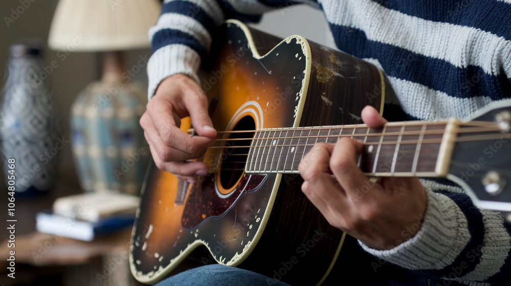 Obraz premium Closeup of Person Playing Acoustic Guitar